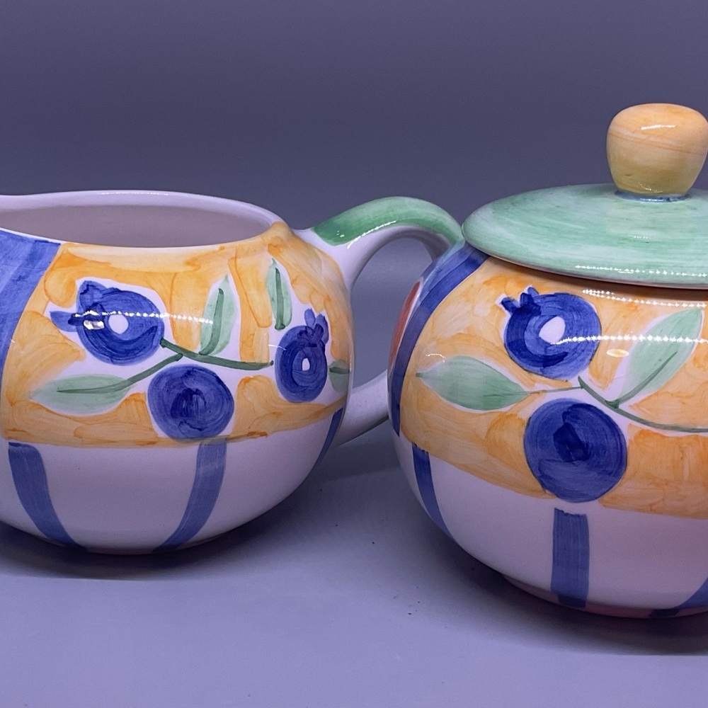 Bella Ceramics Cream & Sugar Set Blue Green Yellow NWOT